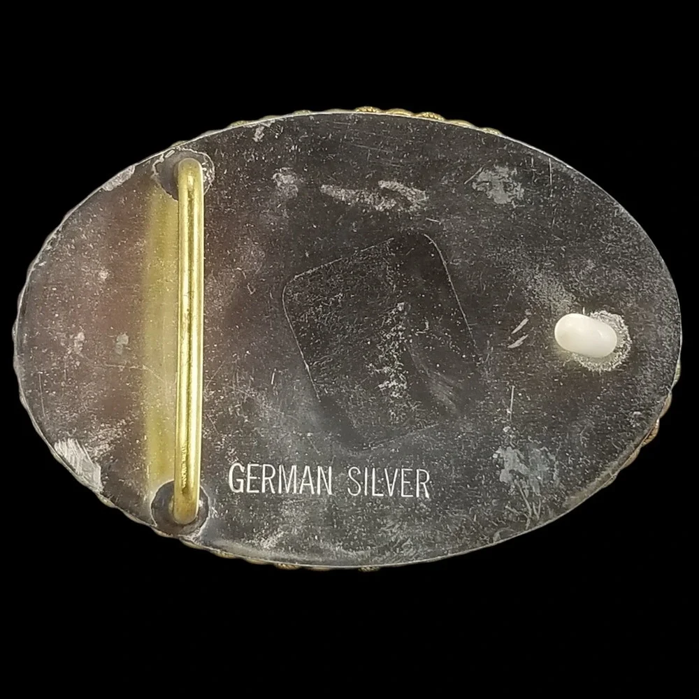 Western‎ Belt Buckle German Silver Engraved Three Horses Gold Banner USA Made